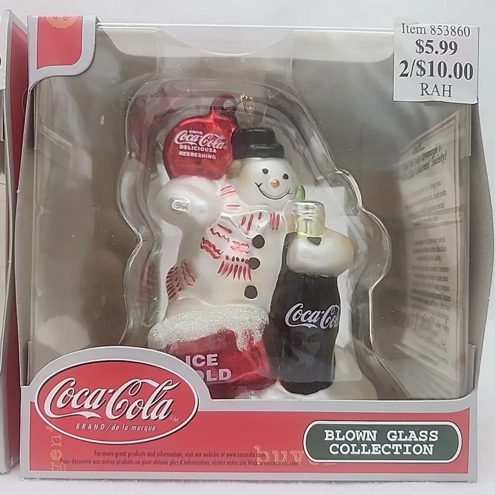 Ornament Coca Cola Blown Glass Snowman Santa Christmas Cavanaugh Set Of 2
